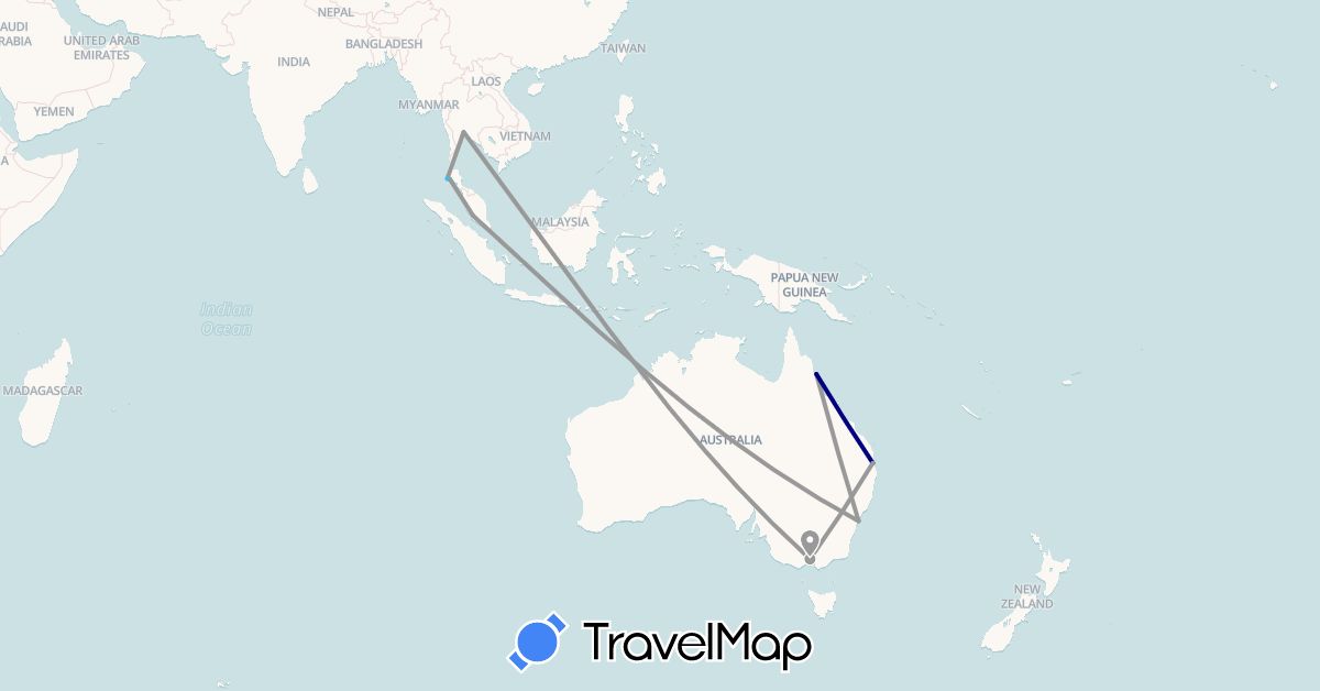 TravelMap itinerary: driving, plane, boat in Australia, Malaysia, Thailand (Asia, Oceania)